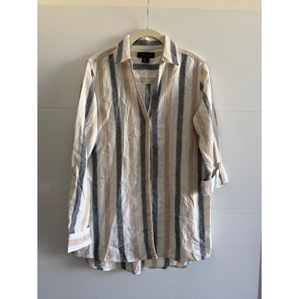 Tahari Womens Linen Blend Striped Button Down Tunic Top S Beach Coastal Resort
